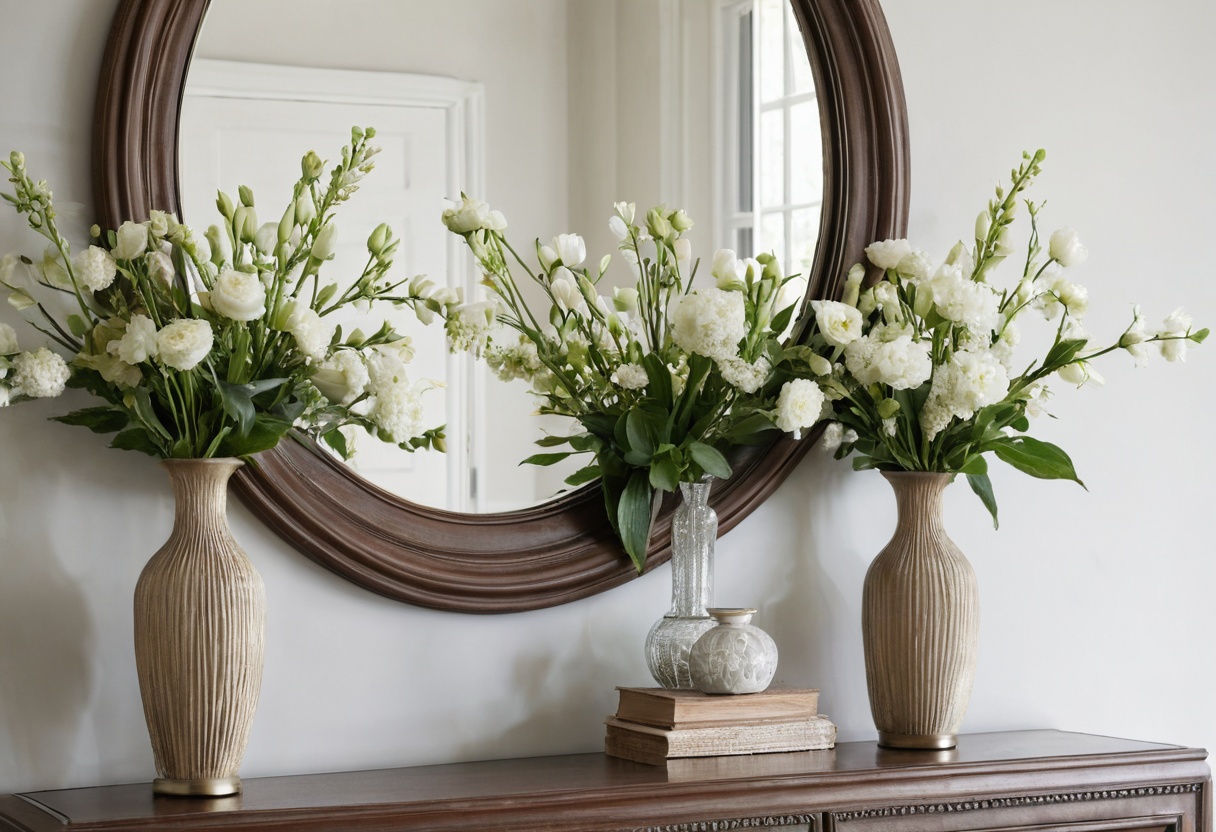 Styled console table with mirror, vases and fresh flowers